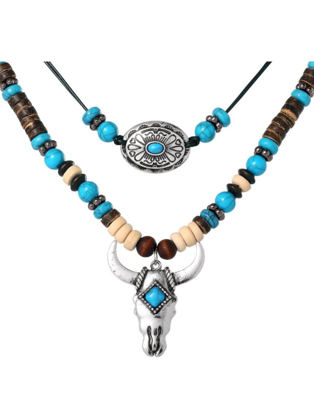 Layered Beaded Necklace for Women - Turquoise & Bull Charm, Boho Chic Accessory